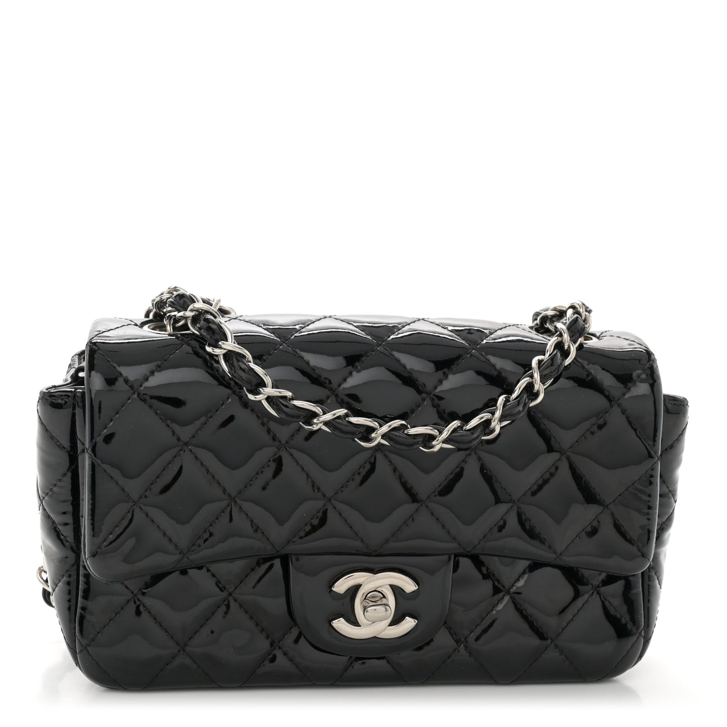 Patent Calfskin Quilted Mini Rectangular Flap Black
