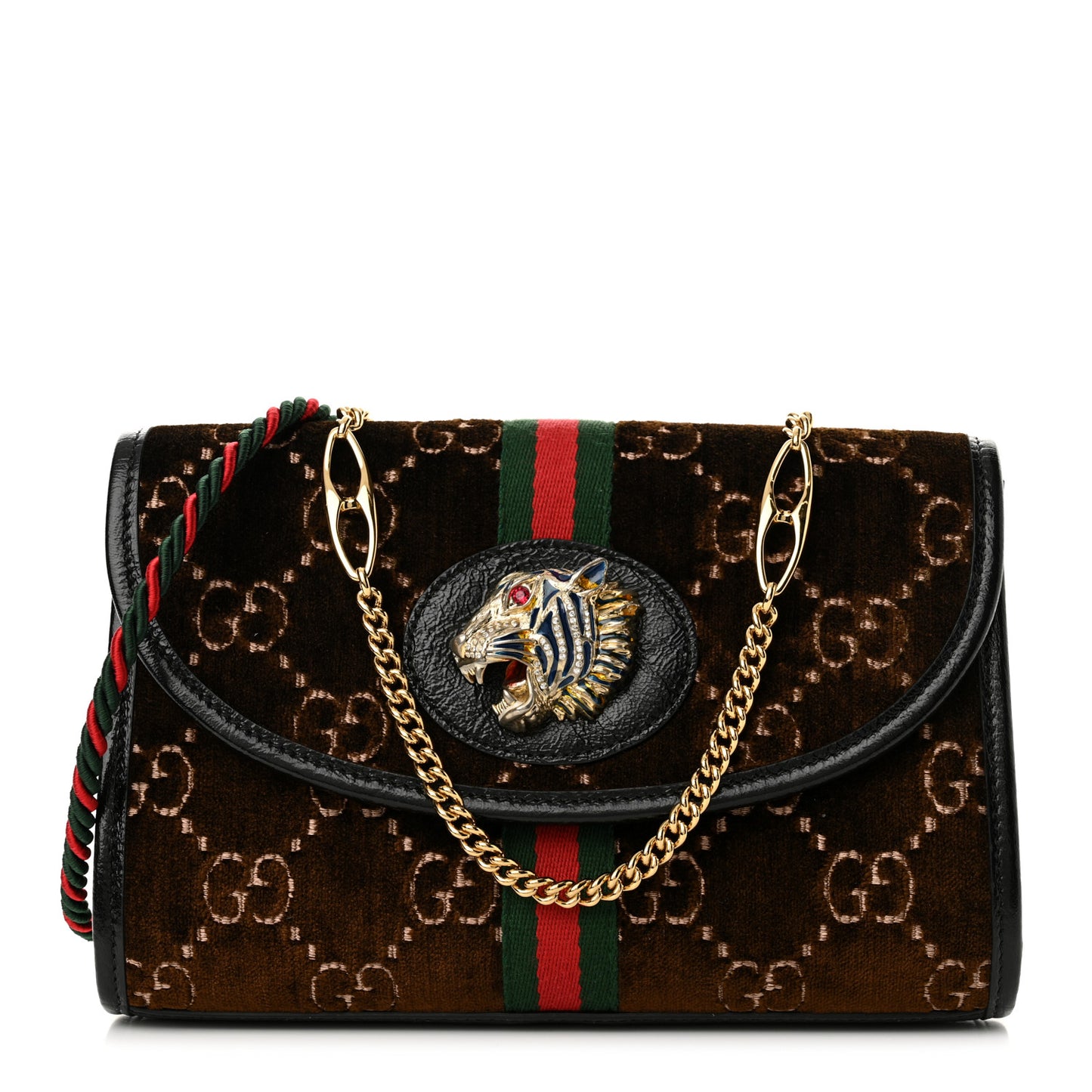 Velvet GG Monogram Web Small Rajah Slim Flap Shoulder Bag Brown Black