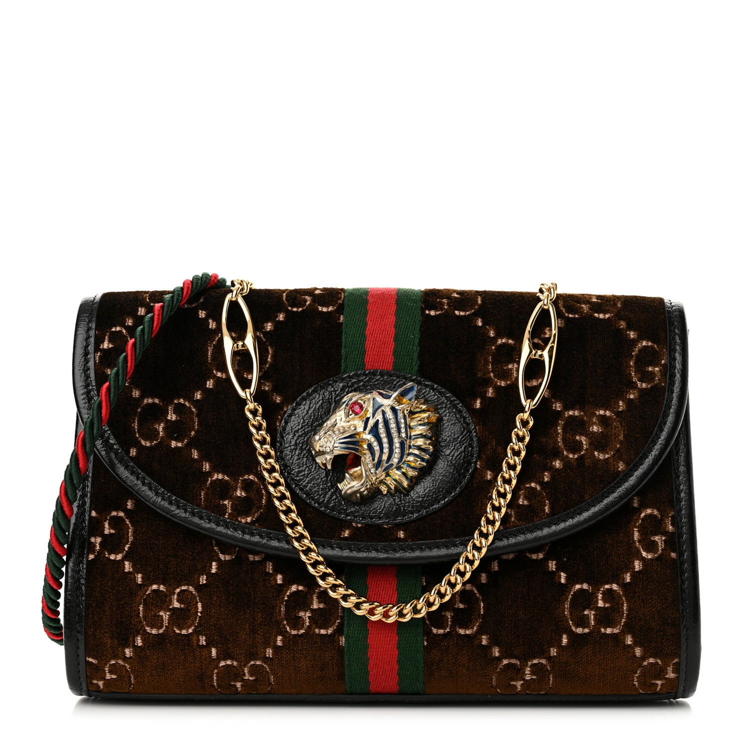Gucci Velvet GG Monogram Web Small Rajah Slim Flap Shoulder Bag Brown Black 1 of 11