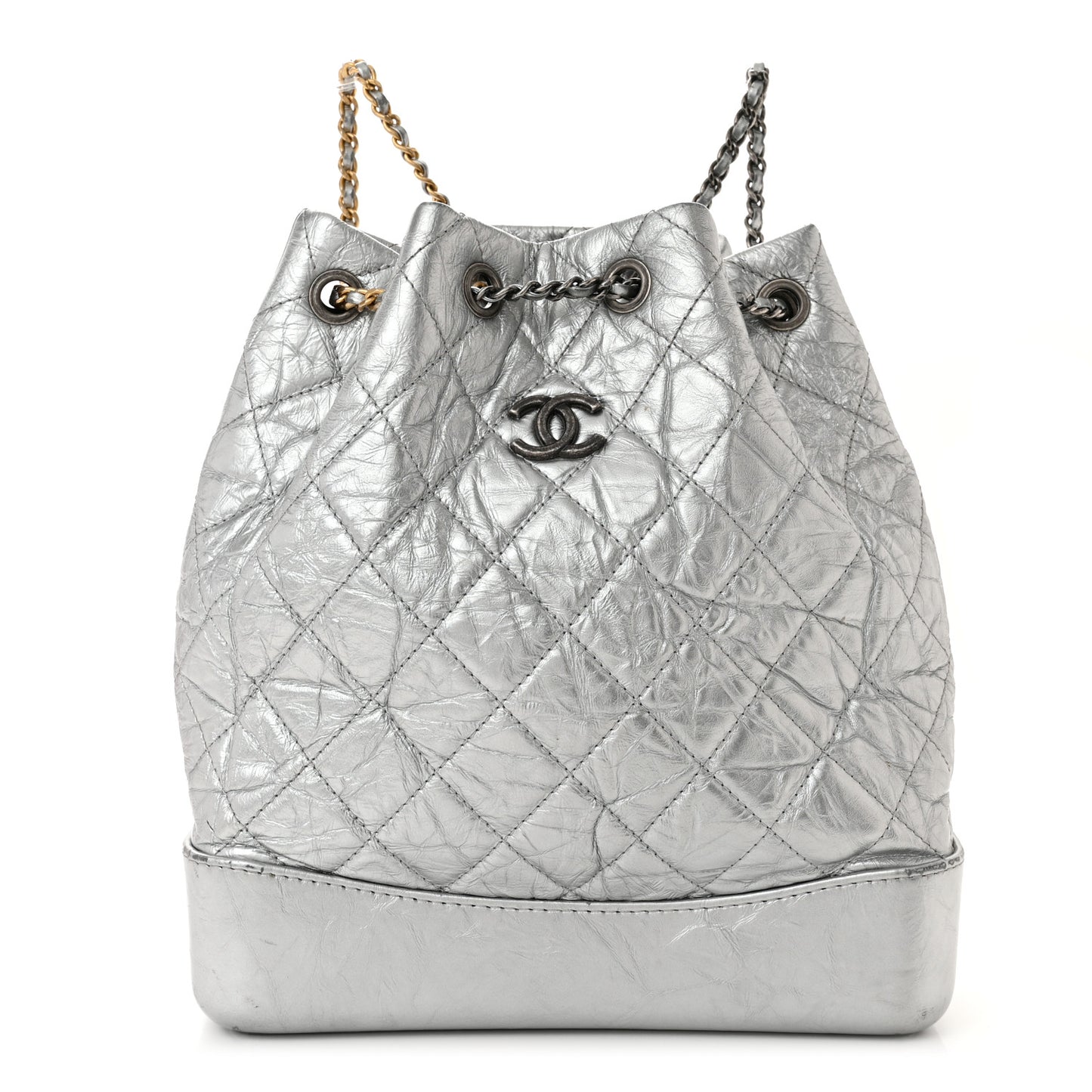 Metallic Crumpled Calfskin Quilted Small Gabrielle Backpack Silver