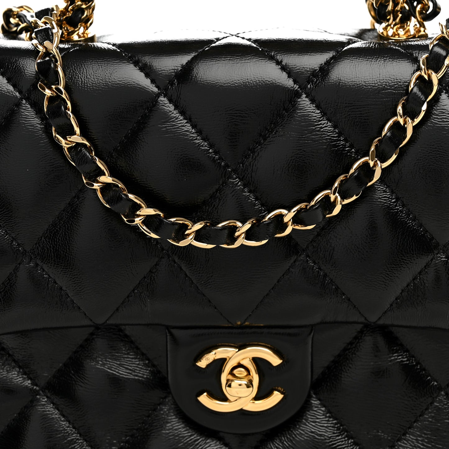 Shiny Lambskin Quilted Twisted Links Top Handle Flap Black