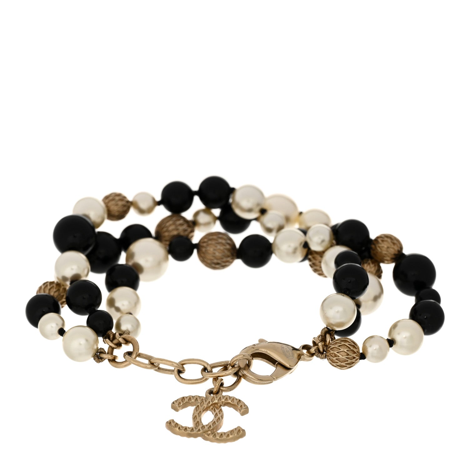 Chanel Metal Pearl Beaded Textured CC Gold Black White 2 of 3