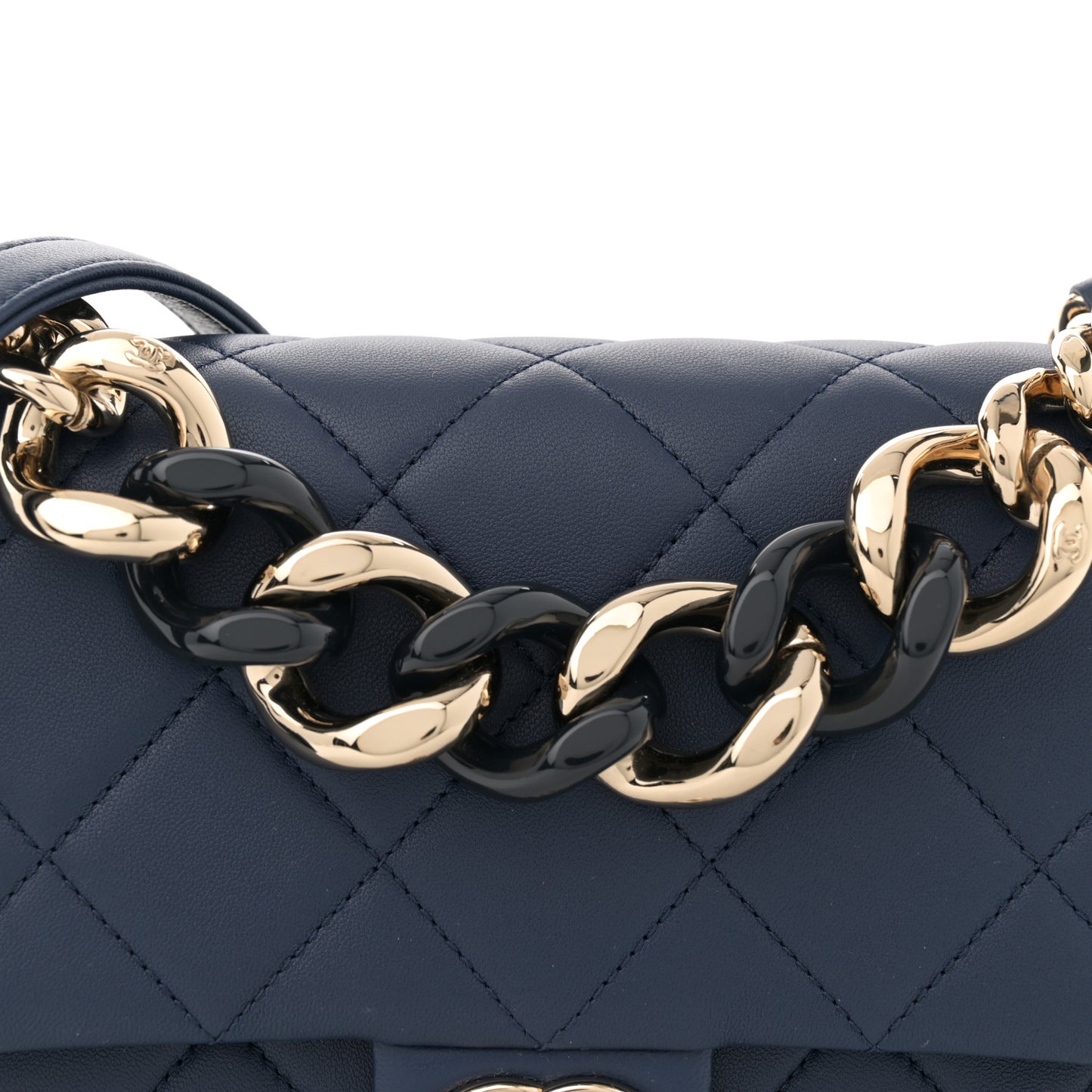 Lambskin Quilted Resin Bi-Color Chain Flap Bag Navy