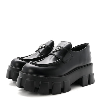 Prada Spazzolato Rois Metal Triangle Logo Monolith 55mm Loafers 38.5 Black 4 of 9