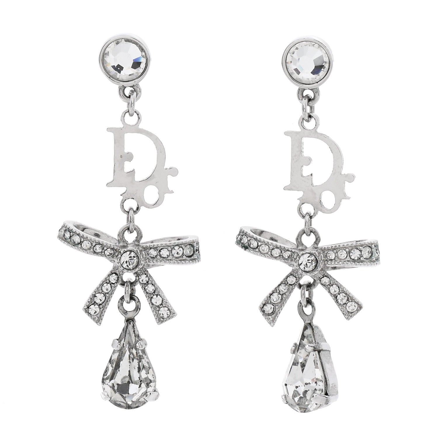 Christian Dior Crystal Bow Hoop Earrings Silver 1 of 4