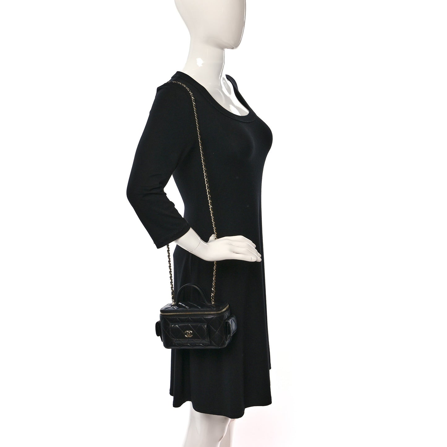 Lambskin Quilted Polly Pocket East West Top Vanity With Chain Black