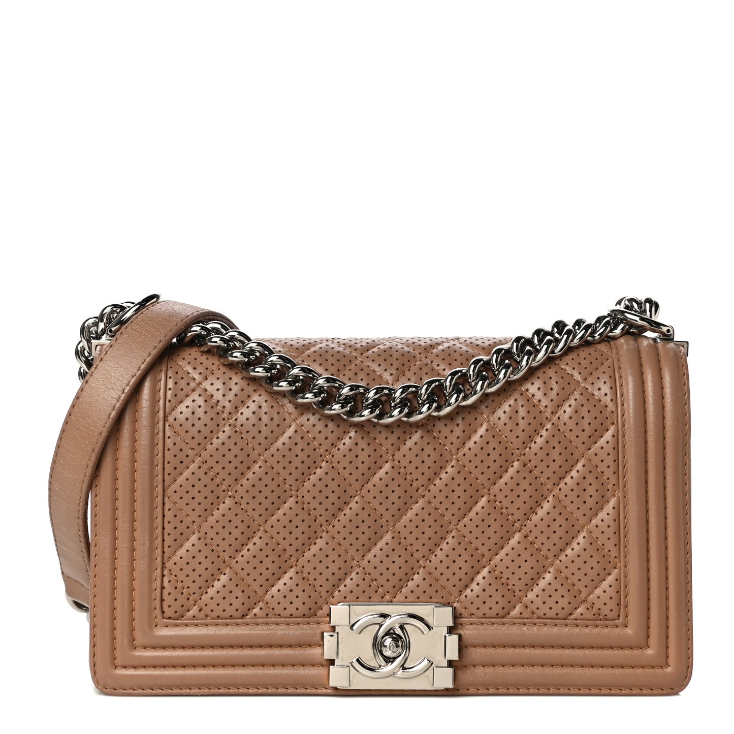 Lambskin Perforated Medium Boy Flap Dark Beige
