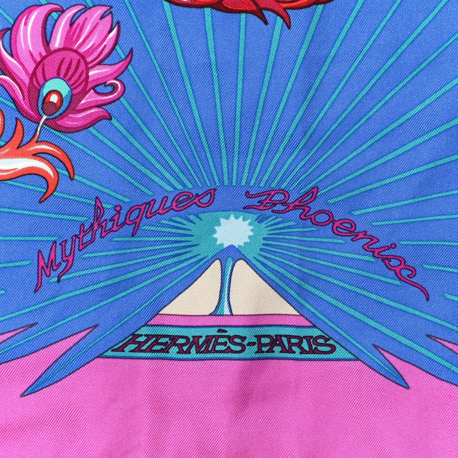 Hermes Silk Mythiques Phoenix Coloriage Scarf 90 Fuchsia Cobalt Orange 2 of 7