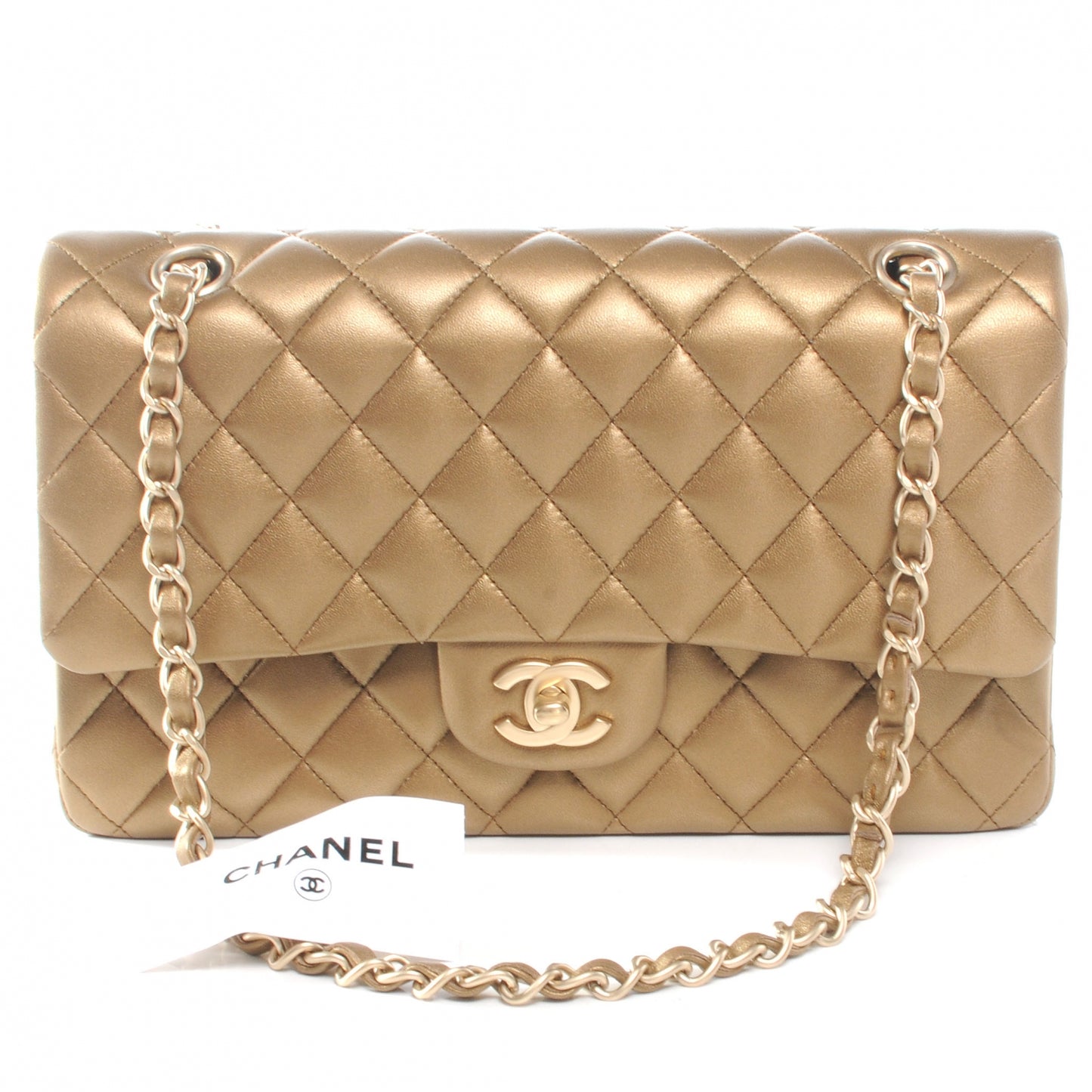 Lambskin Medium Double Flap Metallic Khaki