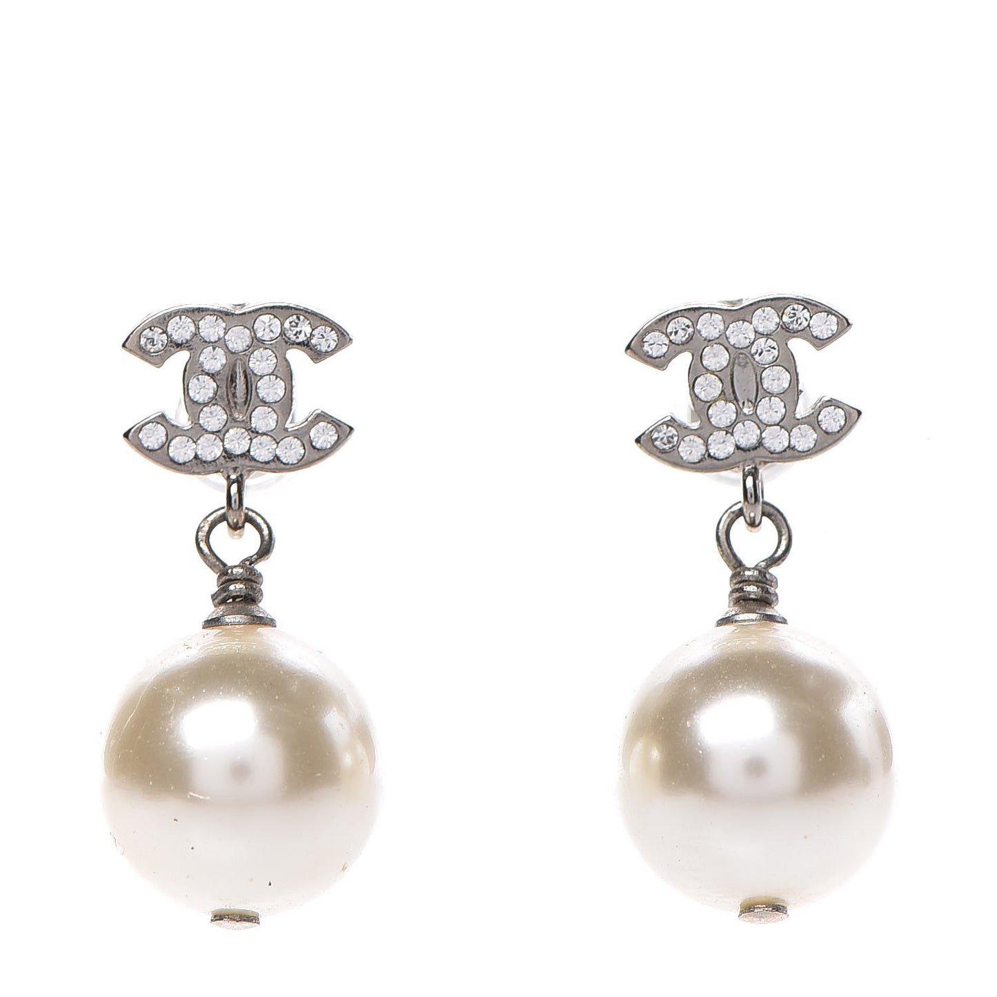 Crystal Pearl CC Drop Earrings Silver Pearly White
