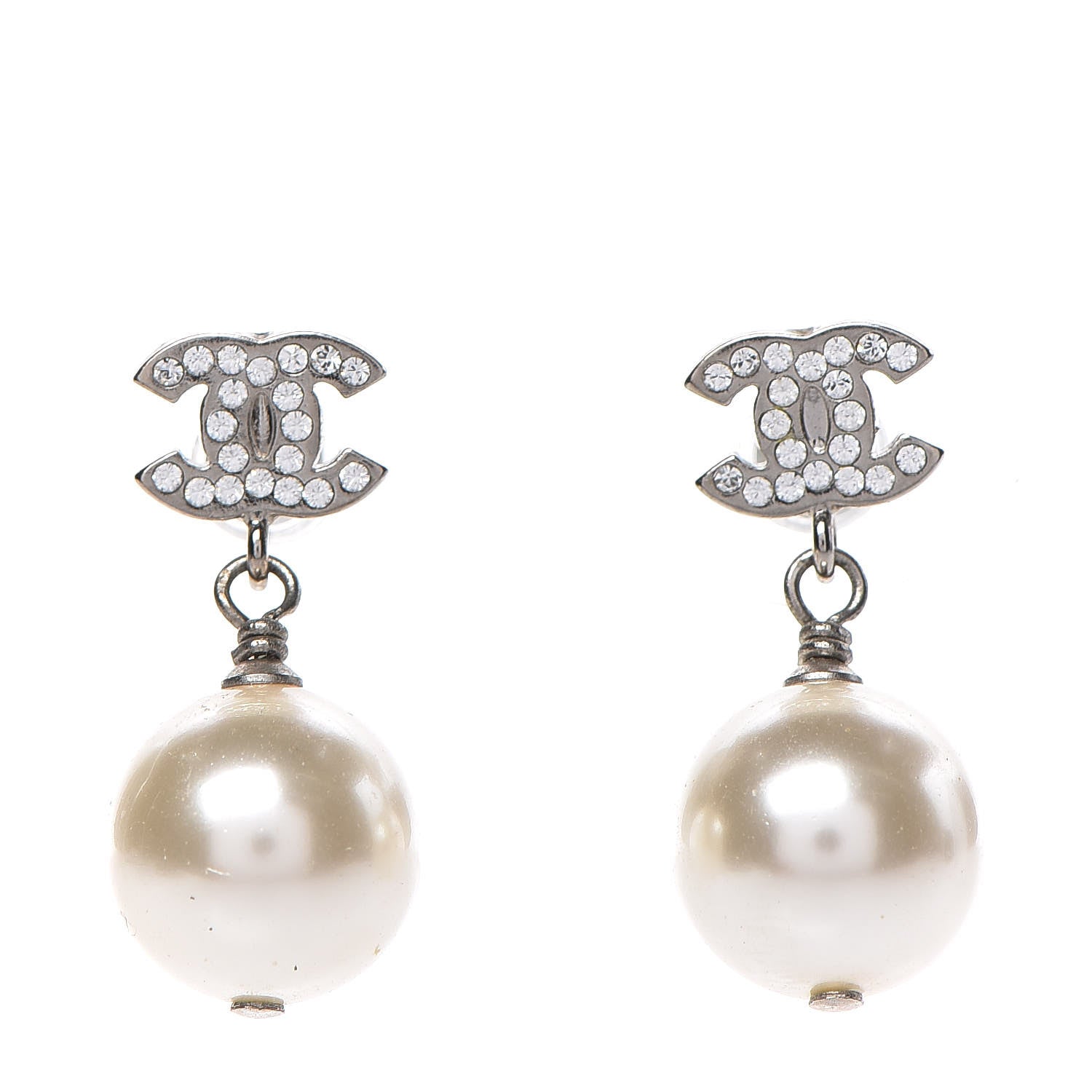 Chanel Crystal Pearl CC Drop Earrings Silver Pearly White 1 of 4