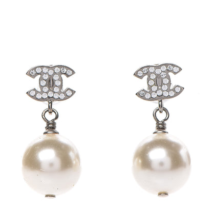 Chanel Crystal Pearl CC Drop Earrings Silver Pearly White 1 of 4