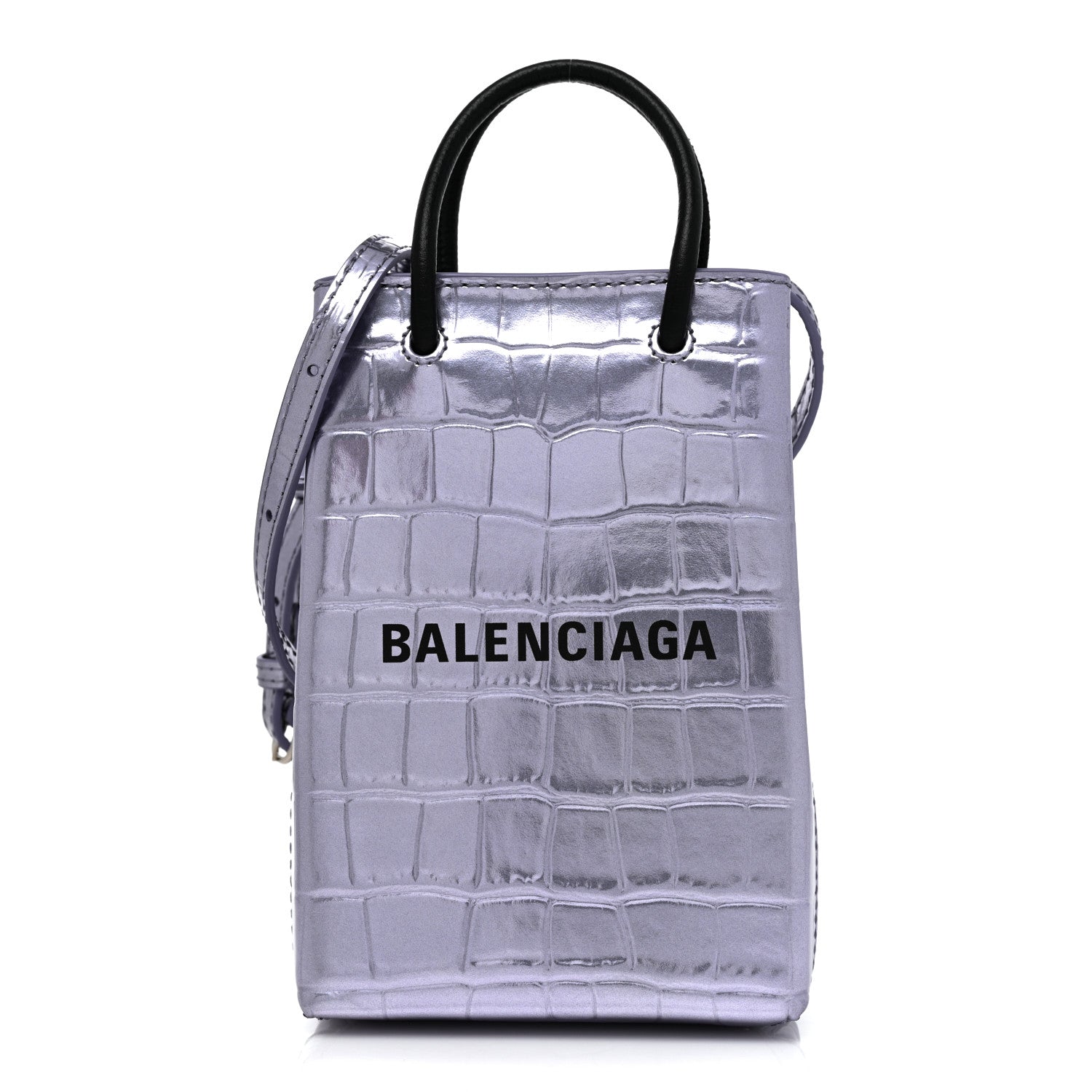 Balenciaga Calfskin Crocodile Embossed Logo Shopping Phone Holder Bag Lilac Black 1 of 7
