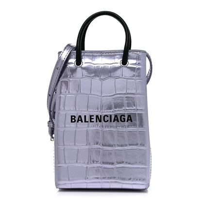 Balenciaga Calfskin Crocodile Embossed Logo Shopping Phone Holder Bag Lilac Black 1 of 7