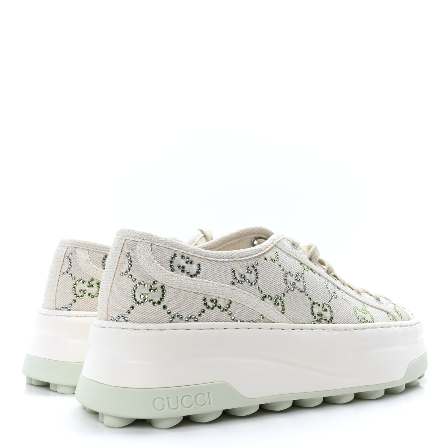 Canvas Lame Crystal GG Monogram Womens 1977 Tennis Sneakers 38.5 Medium Cream Mystic White
