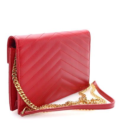 Saint Laurent Grain De Poudre Matelasse Chevron Monogram Envelope Chain Wallet New Red 3 of 9
