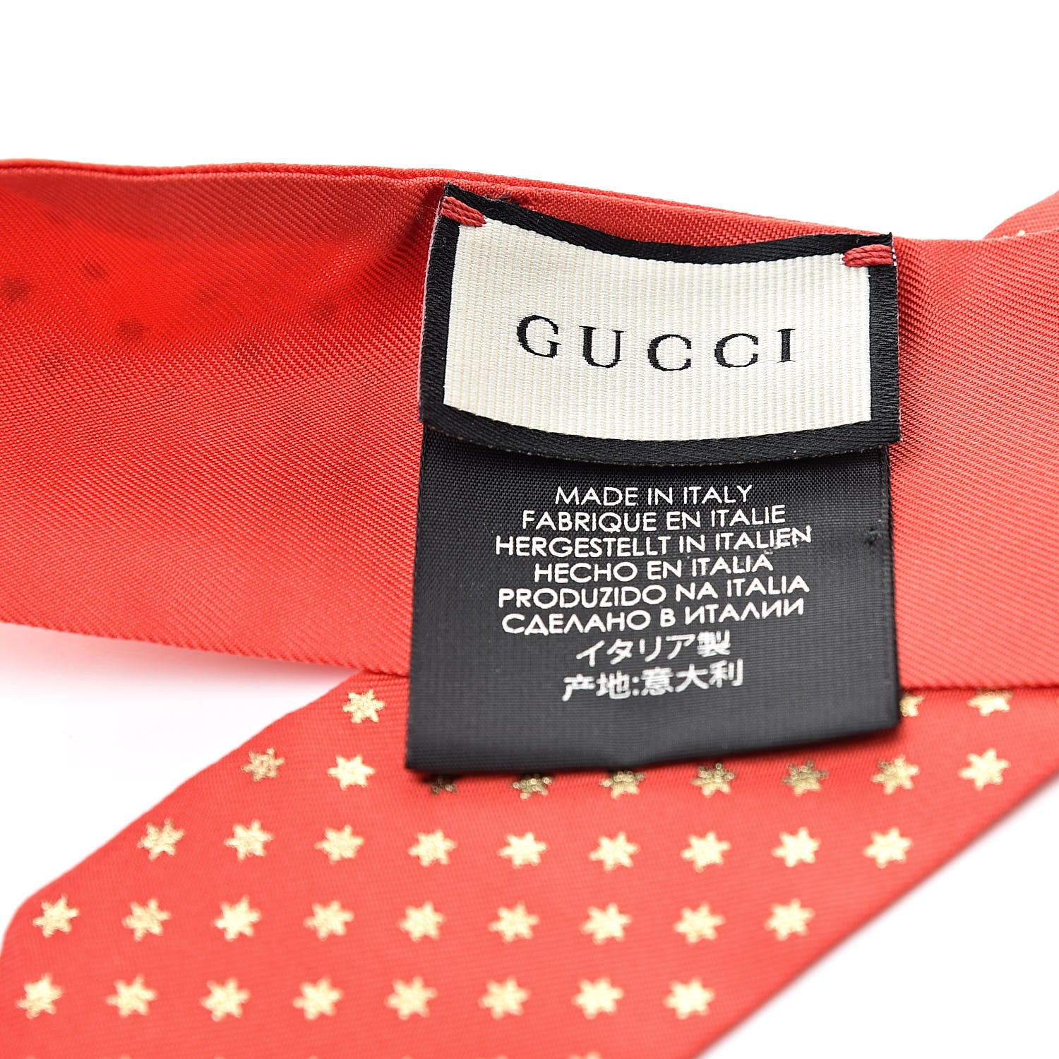 Gucci X SEGA Silk Twill GUCCY Stars Print Neck Bow Scarf Flame Red Gold 3 of 4
