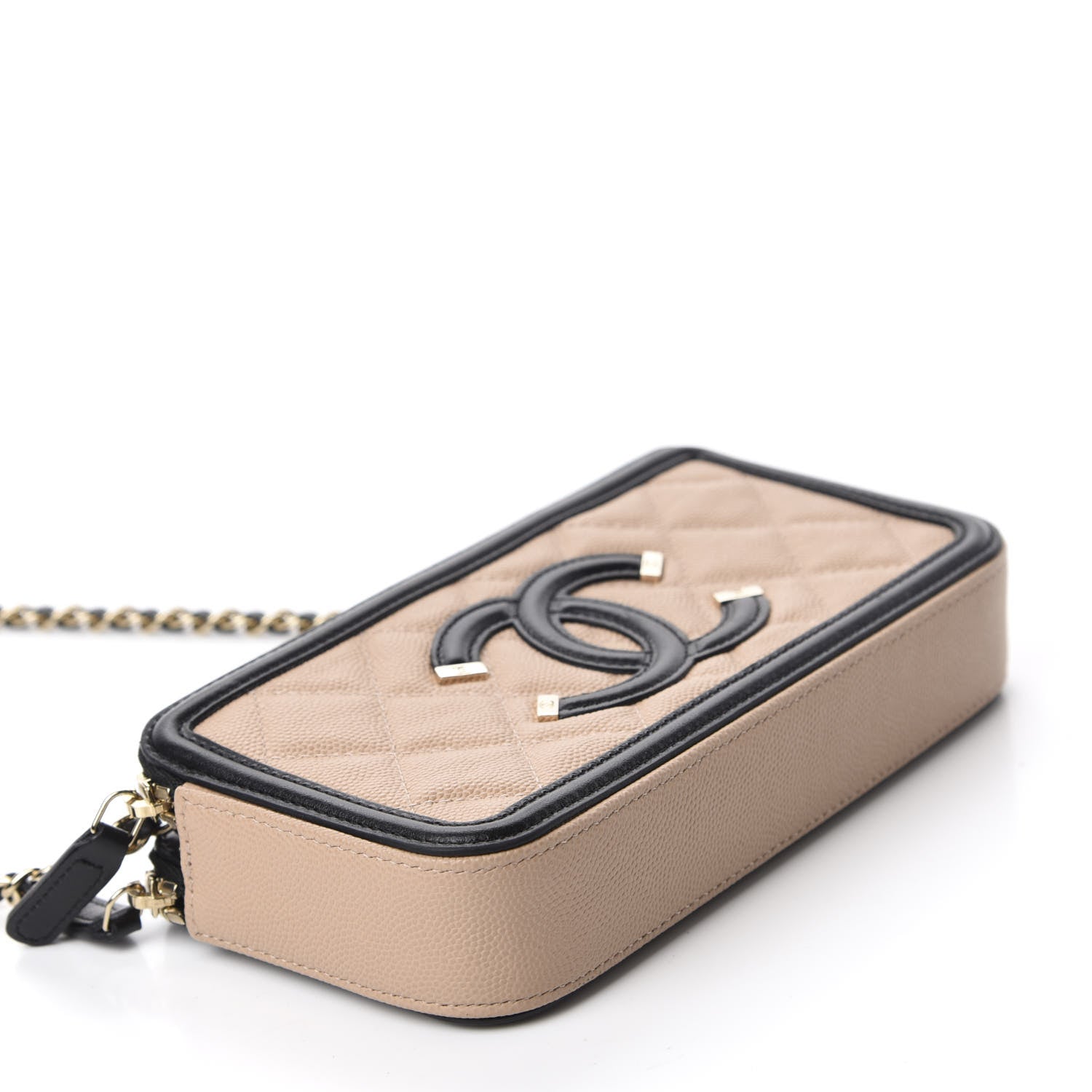 Chanel Caviar Quilted CC Filigree Clutch With Chain Beige Black 4 of 12