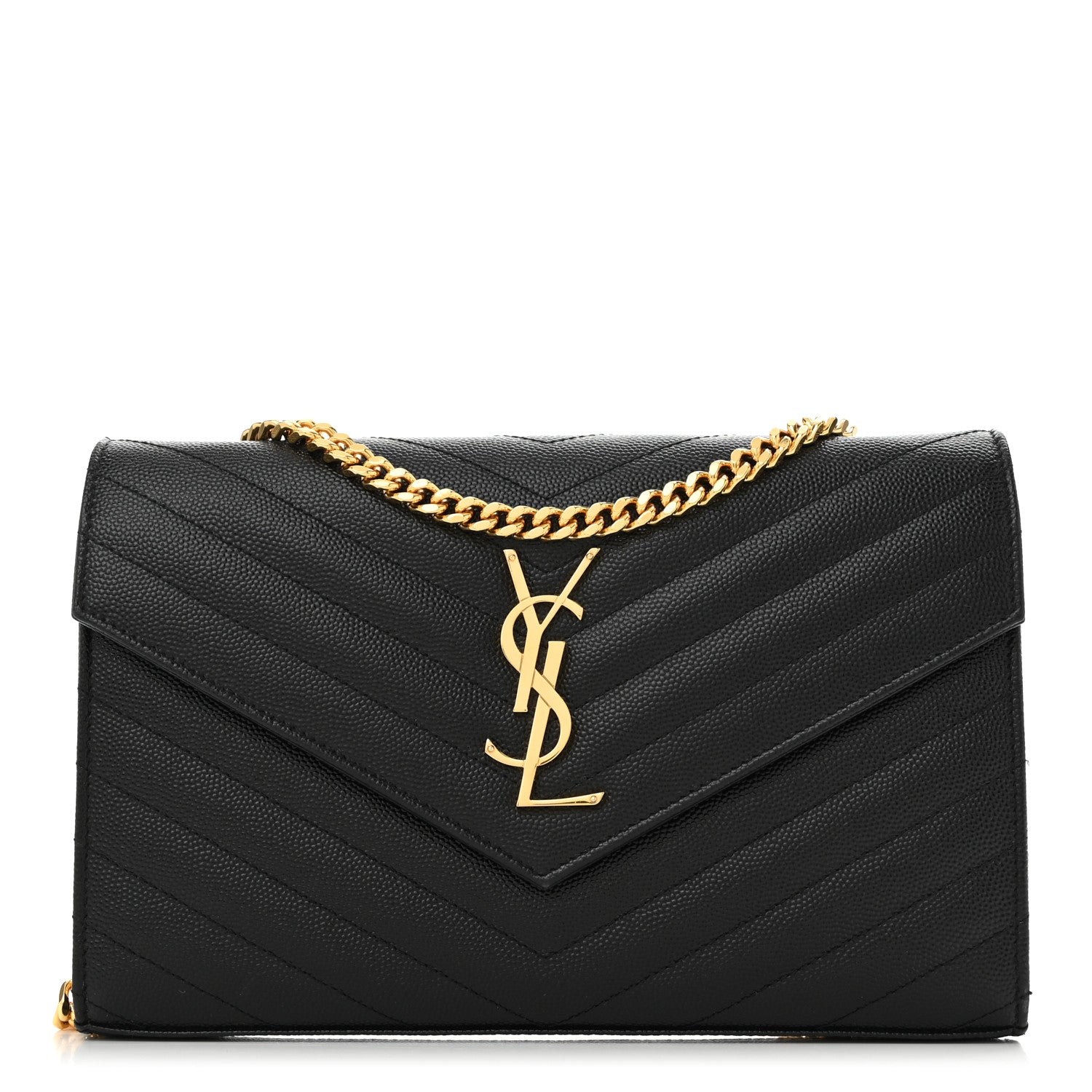 Saint Laurent Grain De Poudre Matelasse Chevron Monogram Chain Wallet Black 1 of 10