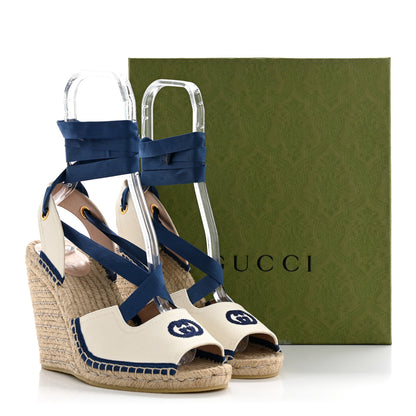 Gucci Canvas GG Ankle Wrap Platform Espadrille Wedges 40 Mystic White Royale Blue 10 of 10