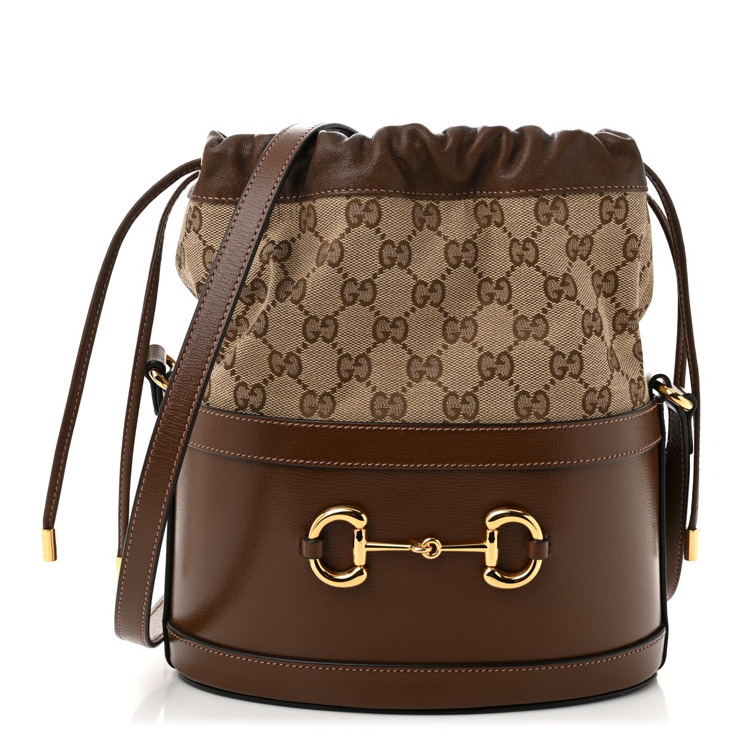 Gucci Monogram Textured Calfskin Horsebit 1955 Drawstring Bucket Bag Beige Brown Sugar 1 of 10