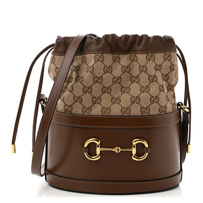 Gucci Monogram Textured Calfskin Horsebit 1955 Drawstring Bucket Bag Beige Brown Sugar 1 of 10