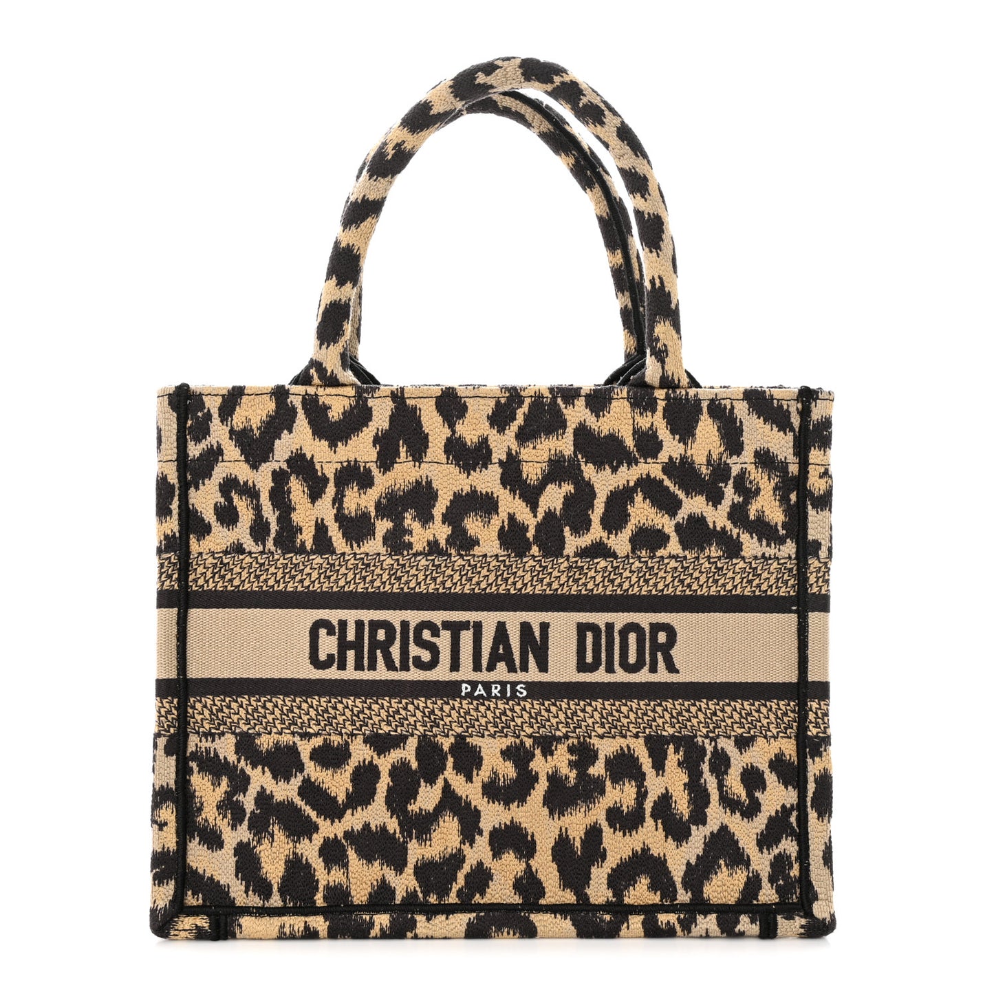 Canvas Mizza Embroidered Small Leopard Book Tote Beige