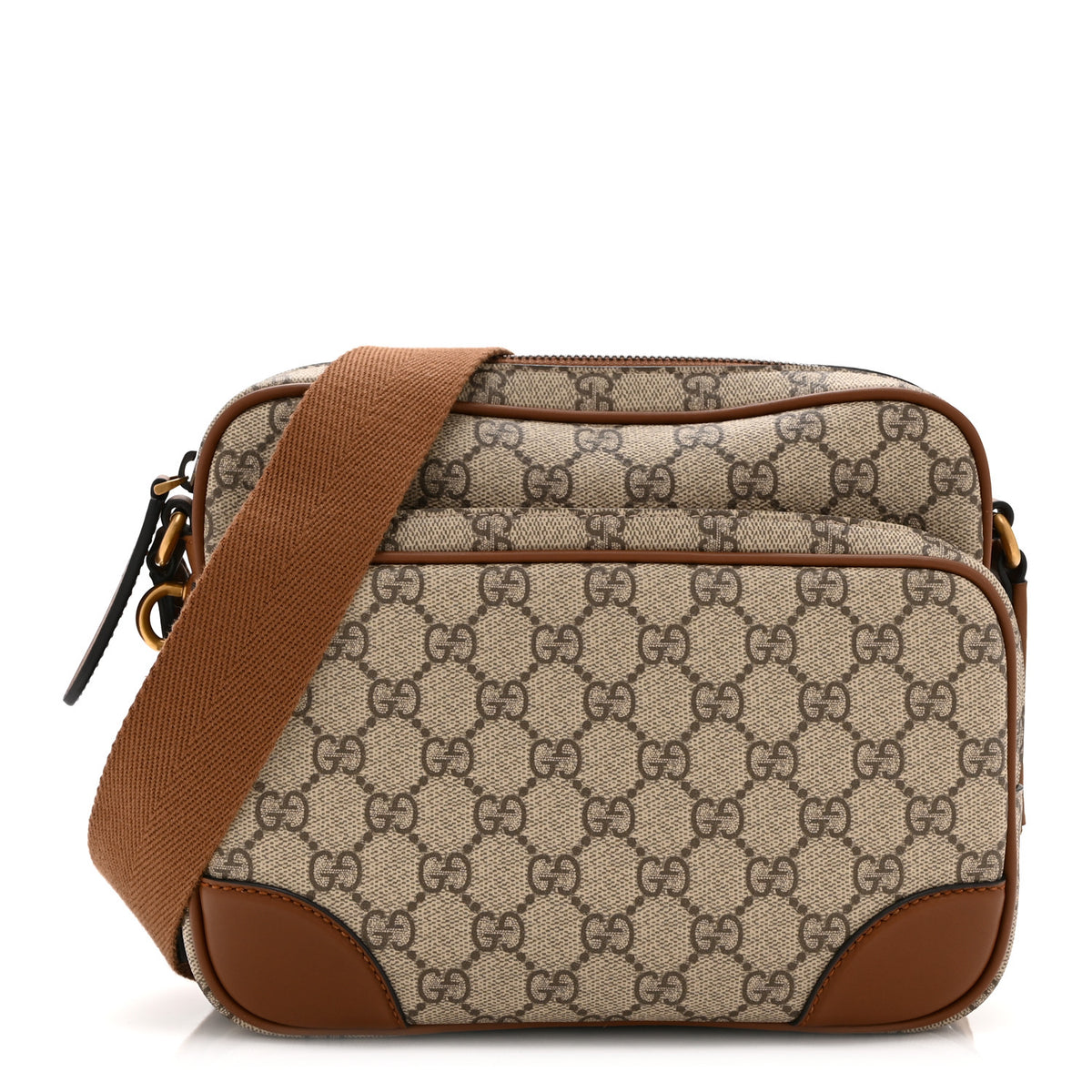 Gucci GG Supreme Monogram Textured Calfskin Emblem Medium Crossbody Beige Dark Brown 1 of 12