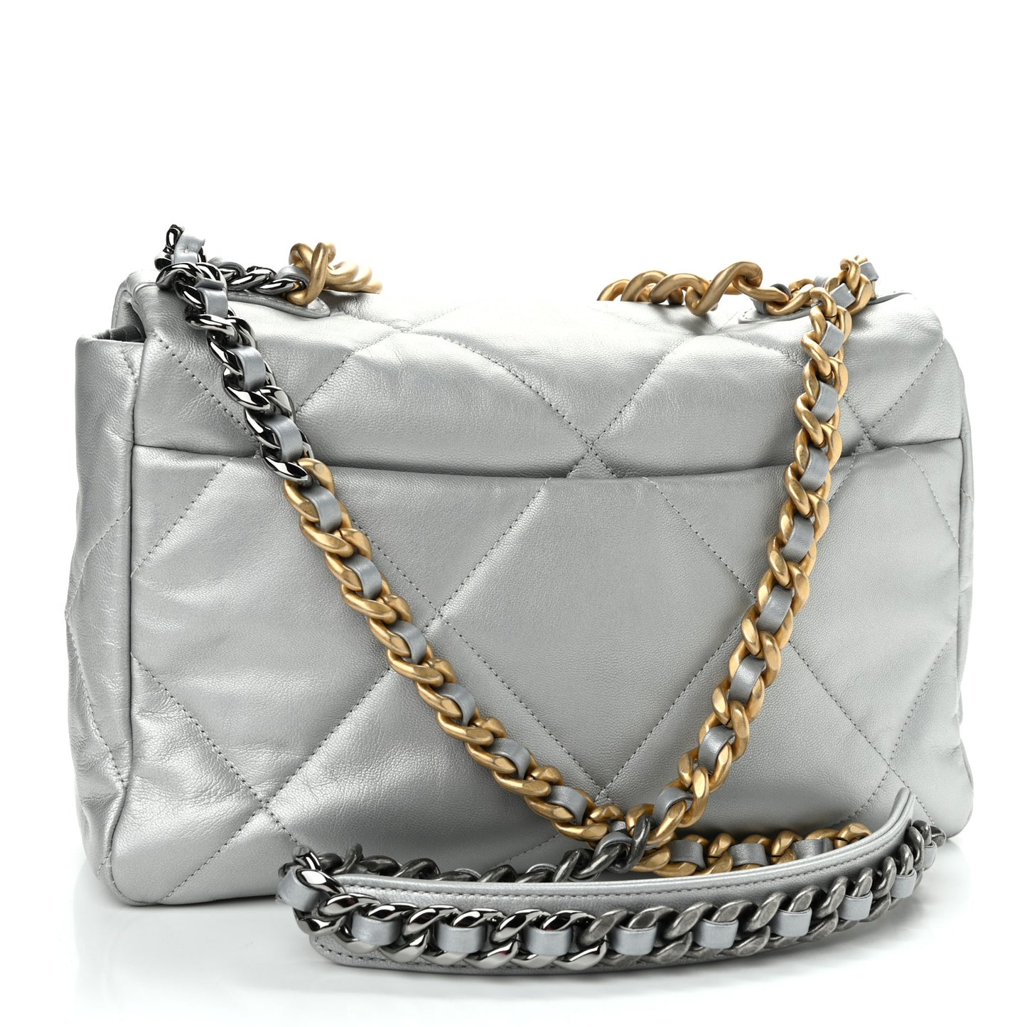 Metallic Goatskin Quilted Large Chanel 19 Flap Silver