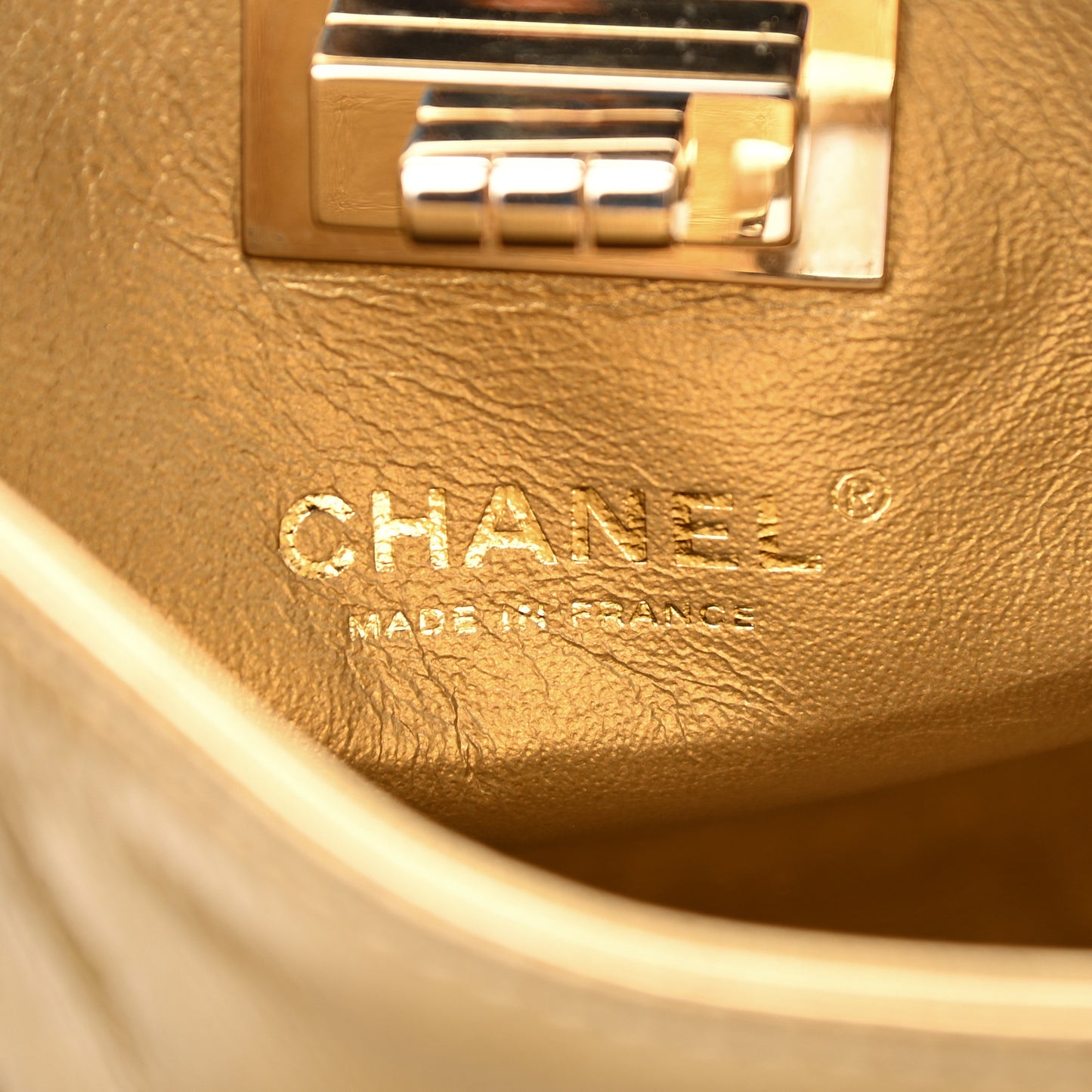 Metallic Patent Mademoiselle Lock Convertible Wrist Clutch Bag Gold
