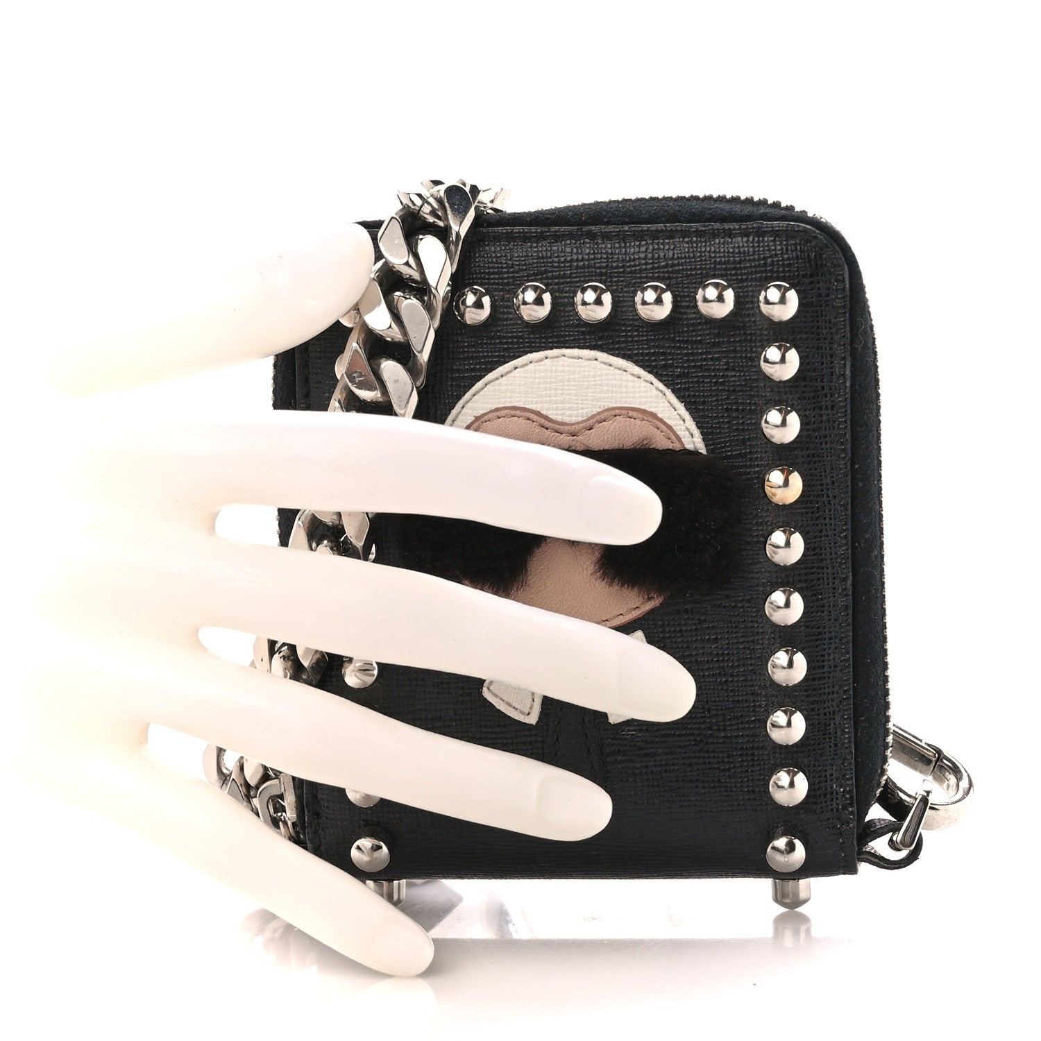 Fendi Vitello Elite Flamingo Mink Karlito Studded Zip Around Chain Wallet Black White Plaster 2 of 12
