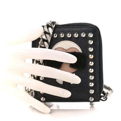 Fendi Vitello Elite Flamingo Mink Karlito Studded Zip Around Chain Wallet Black White Plaster 2 of 12