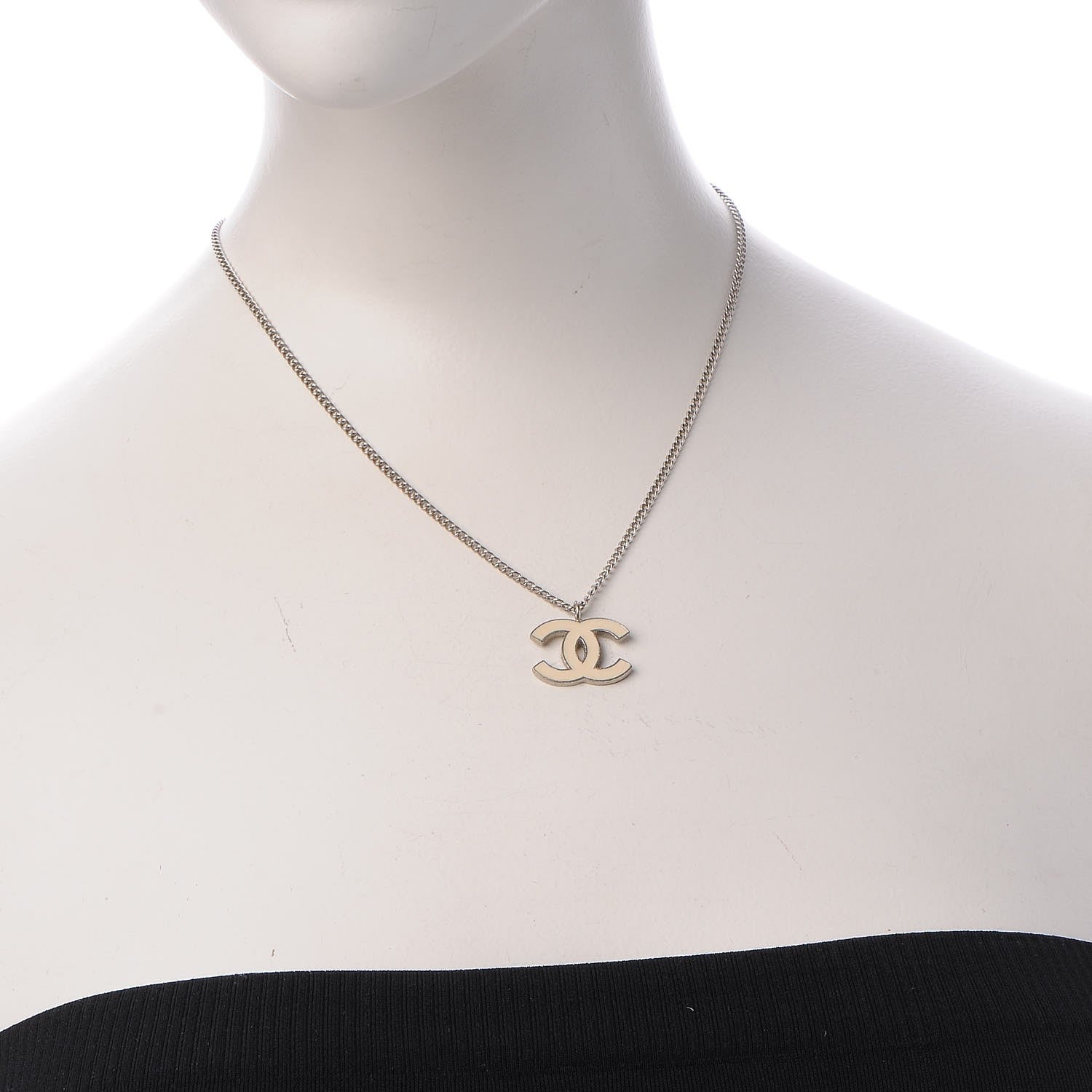 Chanel Enamel CC Necklace Silver White 2 of 6