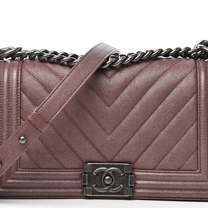 Chanel Metallic Caviar Chevron Quilted Medium Boy Flap Dark Pink 10 of 11