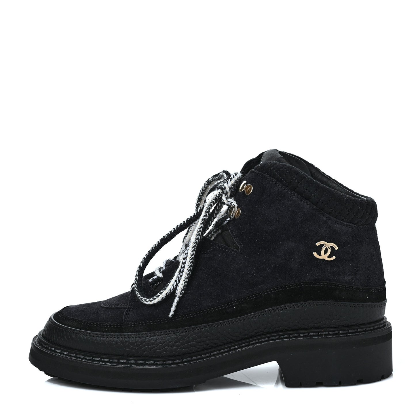 Suede Grained Calfskin CC Lace Up Boots 40 Black