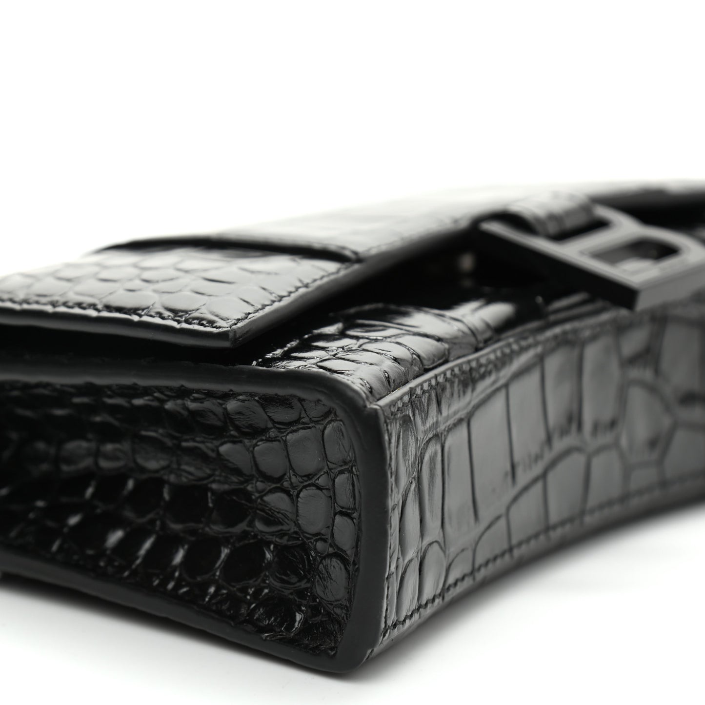 Shiny Calfskin Monochrome Crocodile Embossed Hourglass Chain Bag Black