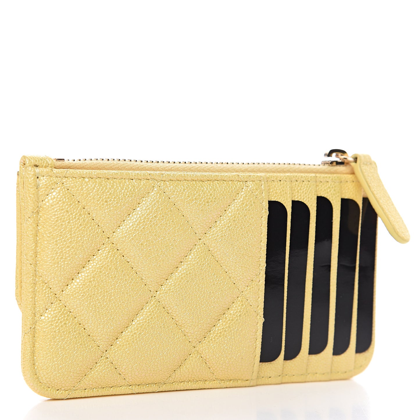 Iridescent Caviar Quilted Flap Zip Card Holder Yellow