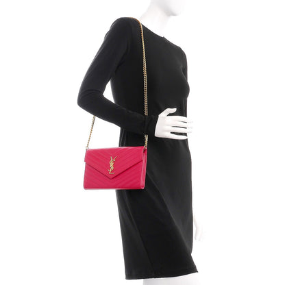Saint Laurent Grain De Poudre Matelasse Chevron Monogram Chain Wallet Lipstick Fuchsia 2 of 7