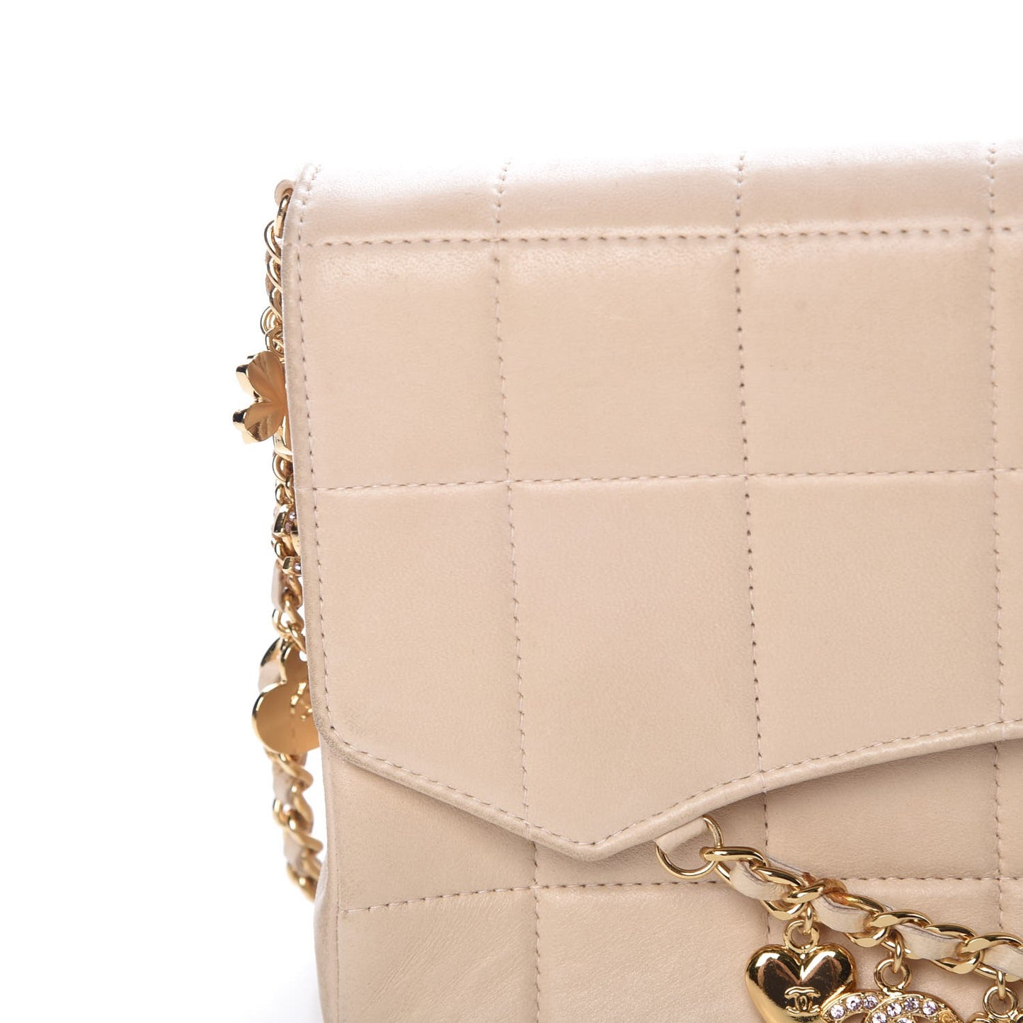 Lambskin Quilted Crystal Chocolate Bar Charm Flap Beige