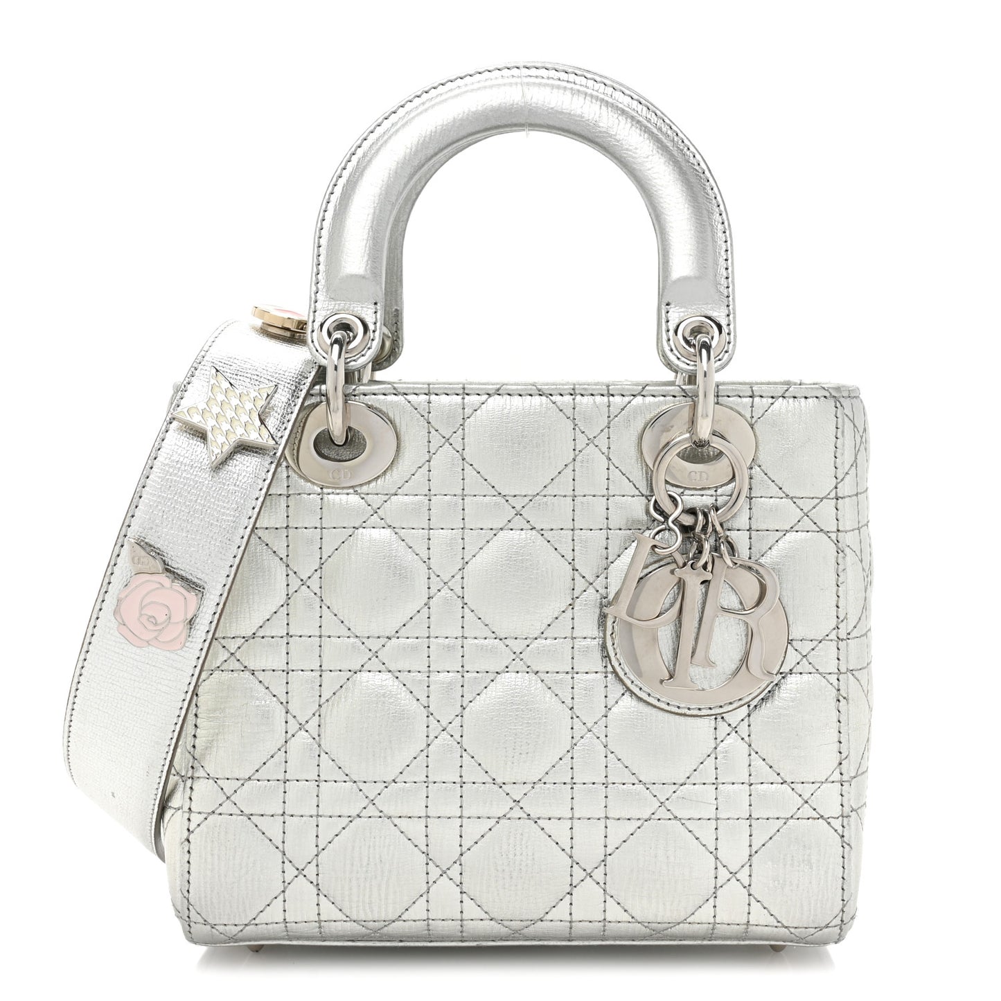 Metallic Grained Calfskin Cannage Small Lucky Badges My Lady Dior Silver