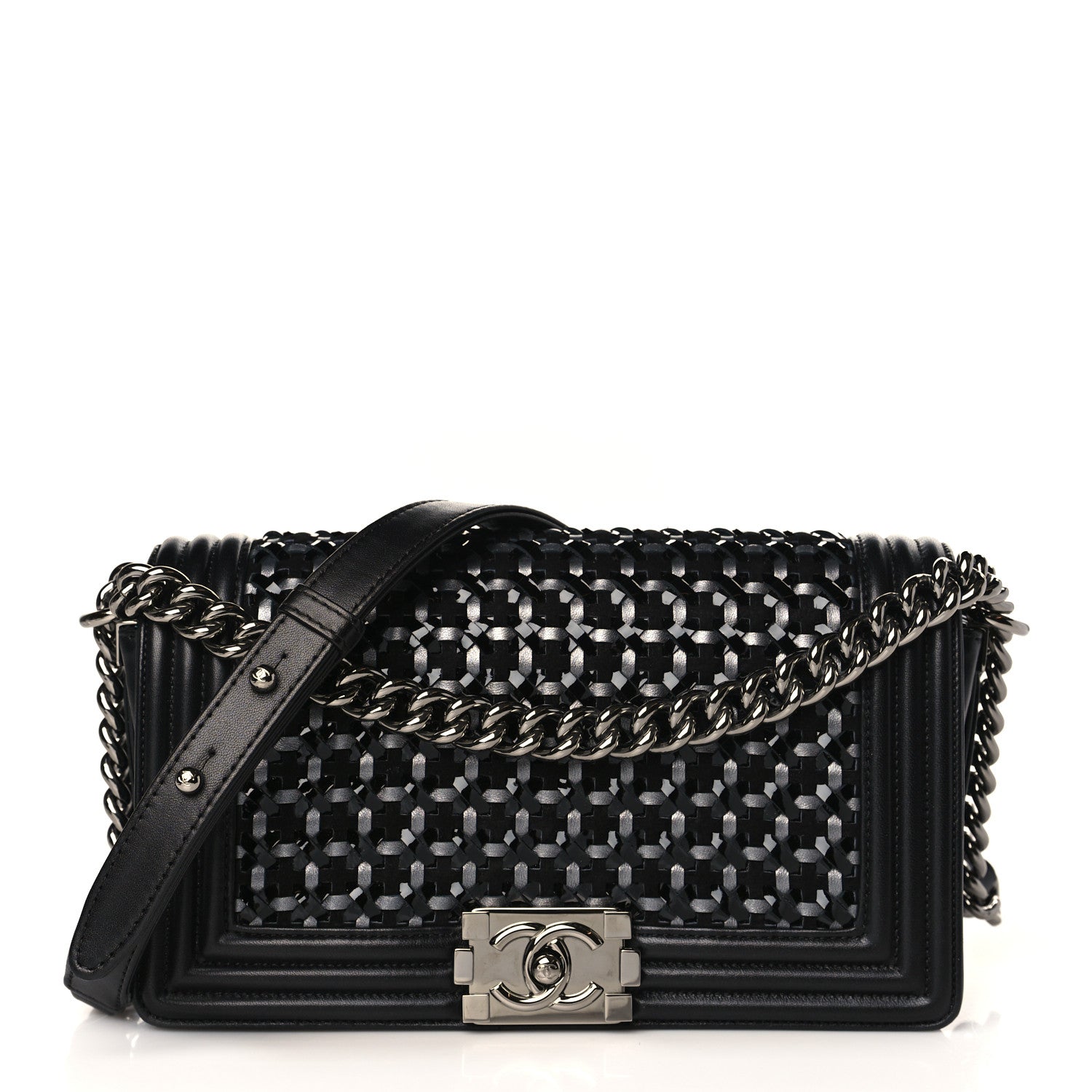 Chanel Calfskin Patent Braided Medium Boy Flap Black 1 of 9