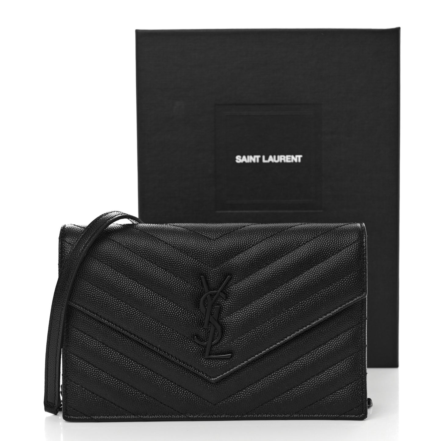 Grain De Poudre Matelasse Chevron Monochrome Monogram Envelope Chain Wallet Black