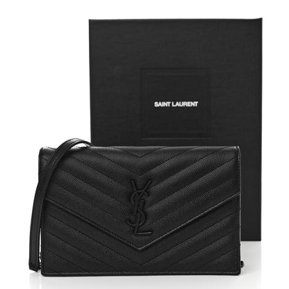 Saint Laurent Grain De Poudre Matelasse Chevron Monochrome Monogram Envelope Chain Wallet Black 13 of 13