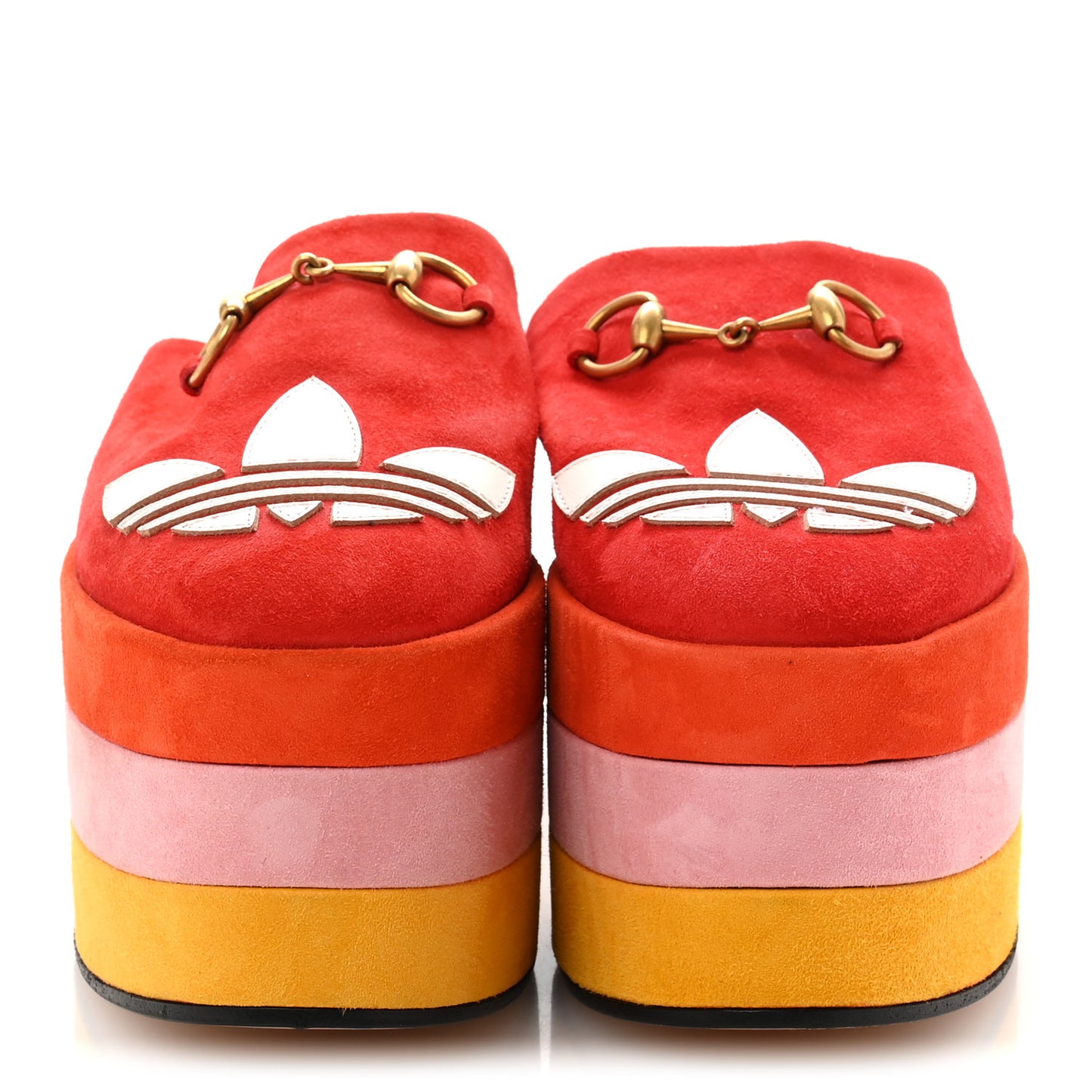 X ADIDAS Kid Scamosciato Quentin Goatskin Trefoil Embroidered Horsebit Platform Mules 36.5 Red Multicolor