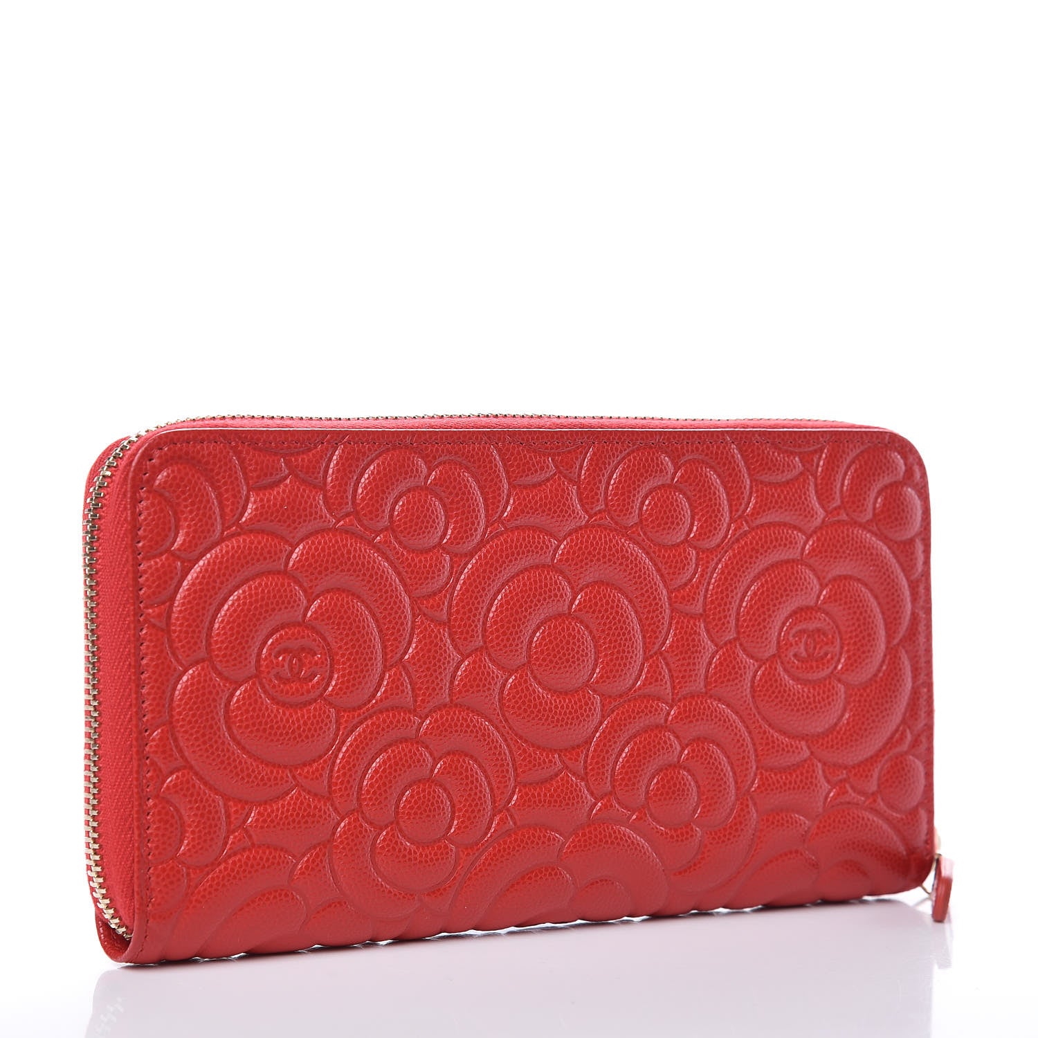 Chanel Caviar Camellia Embossed Zip Around Large Gusset Wallet Red 3 of 8