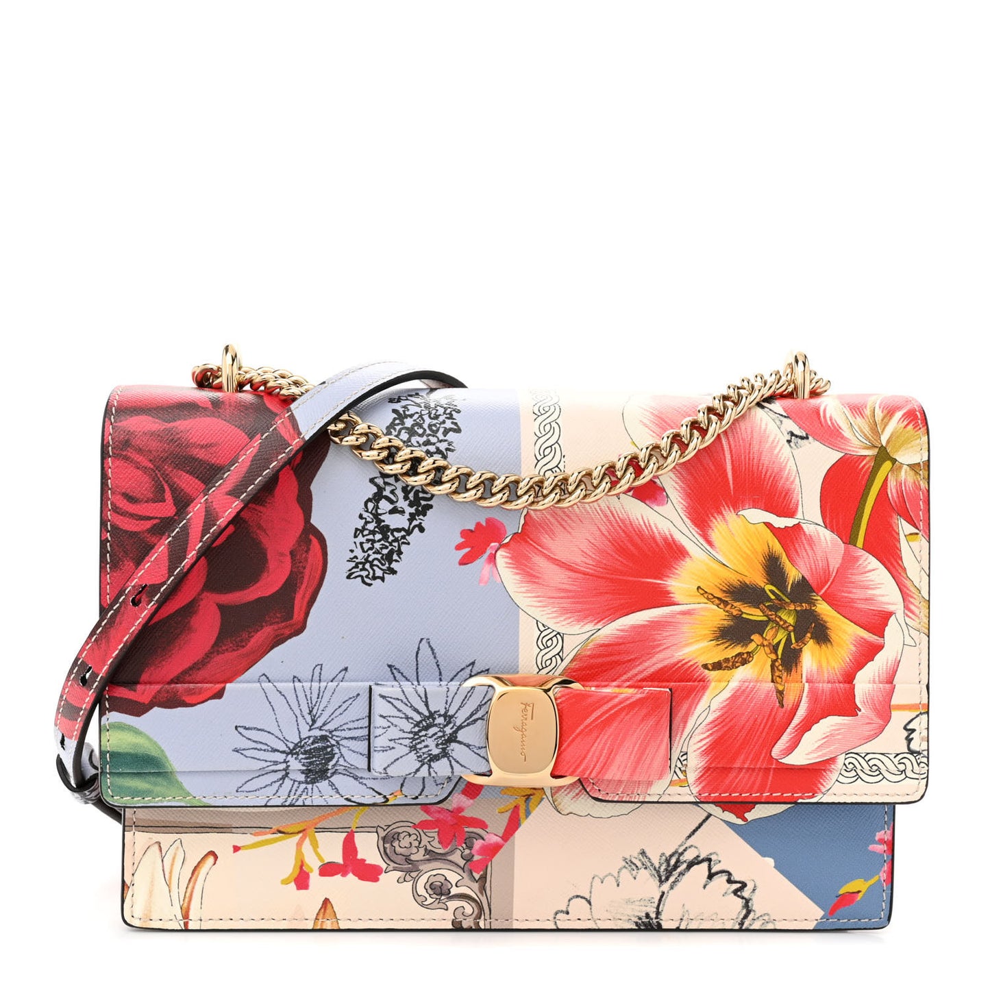 Calfskin Floral Print Vara Bow Chain Flap Crossbody Chambray Multicolor