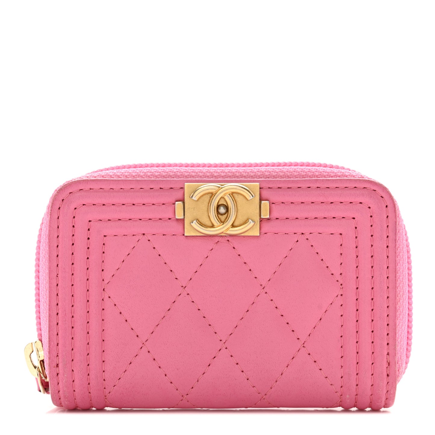 Calfskin Quilted Boy Zip Around Coin Purse Wallet Pink
