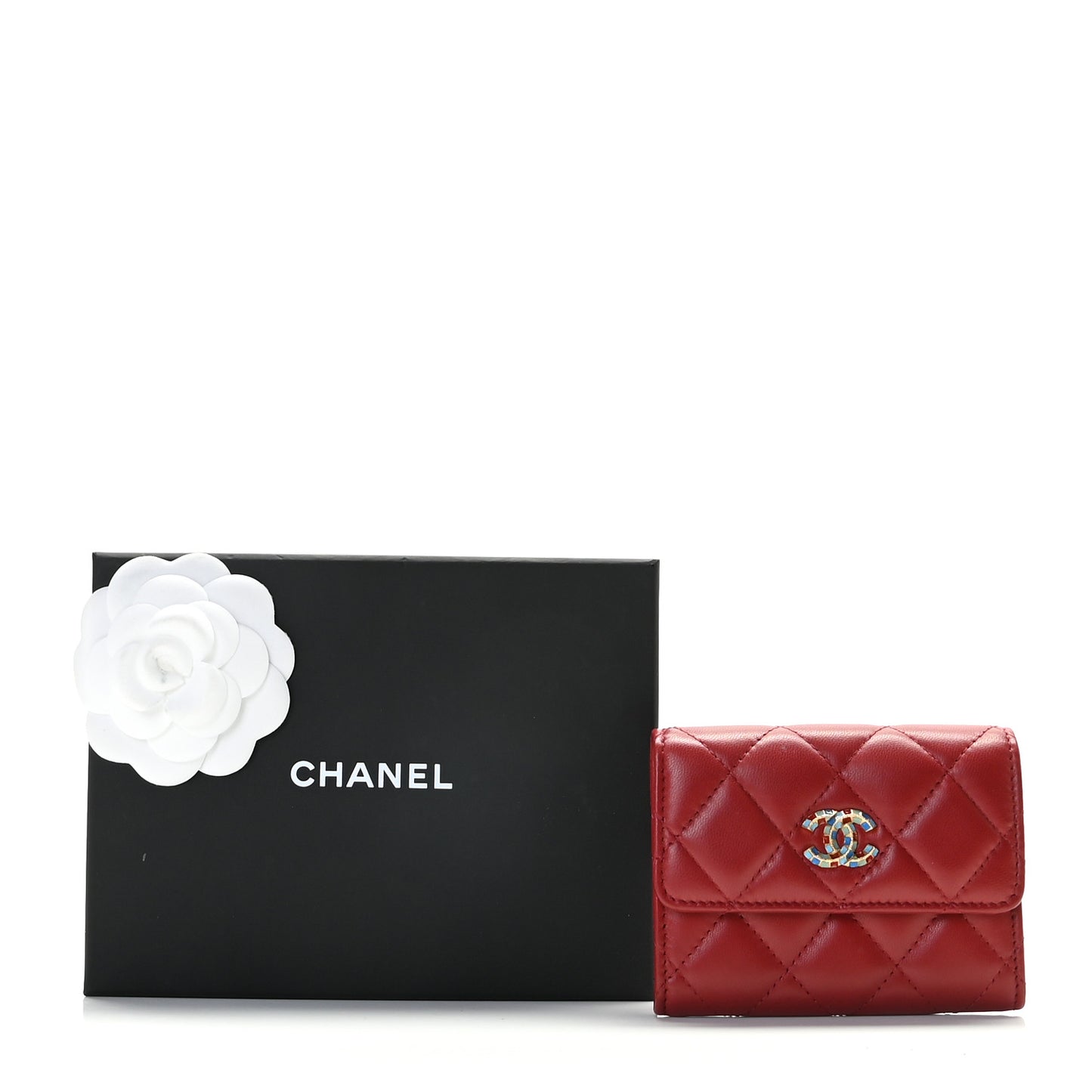 Lambskin Quilted Enamel Flap Card Holder Wallet Red