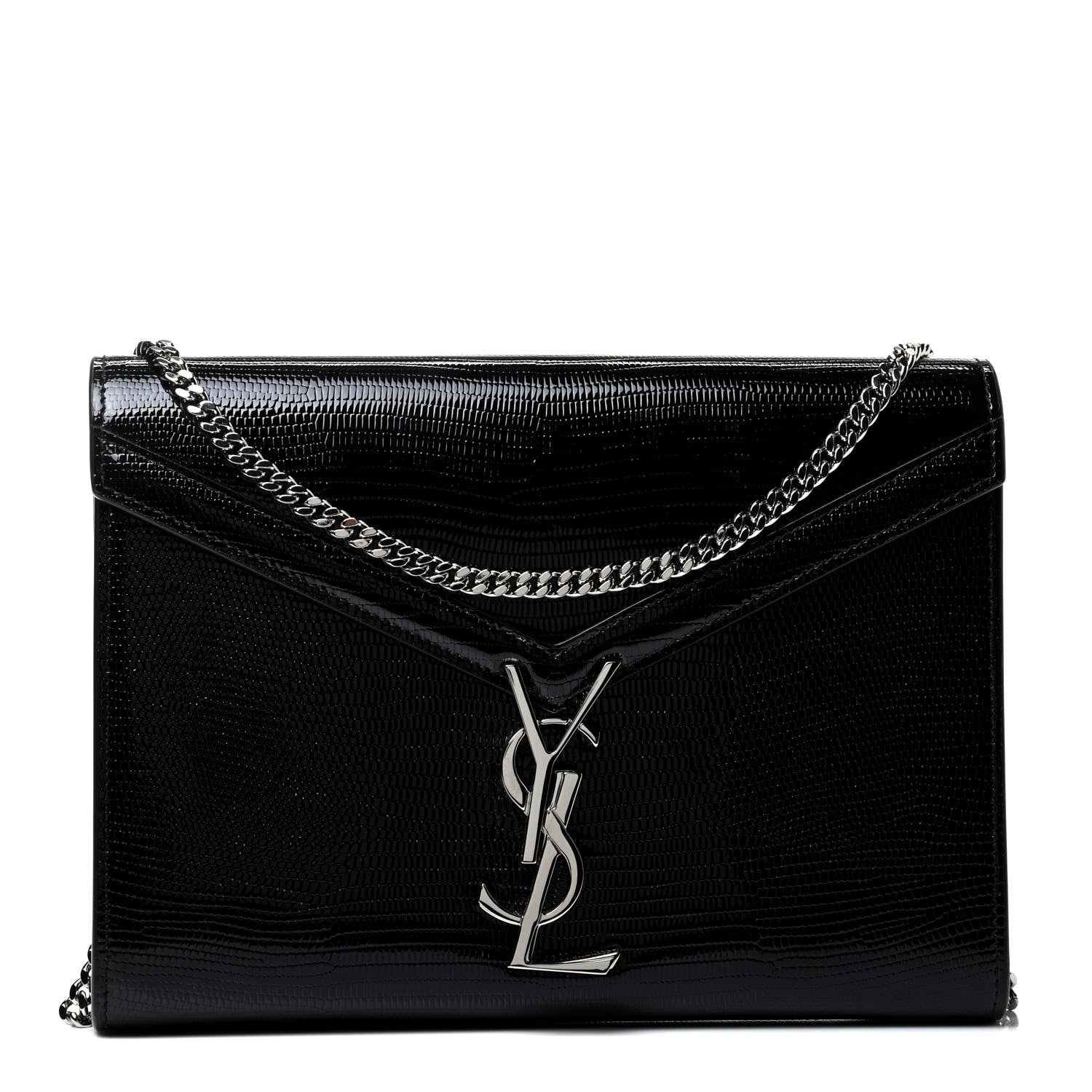 Saint Laurent Calfskin Lizard Embossed Monogram Cassandra Chain Wallet Black 1 of 4