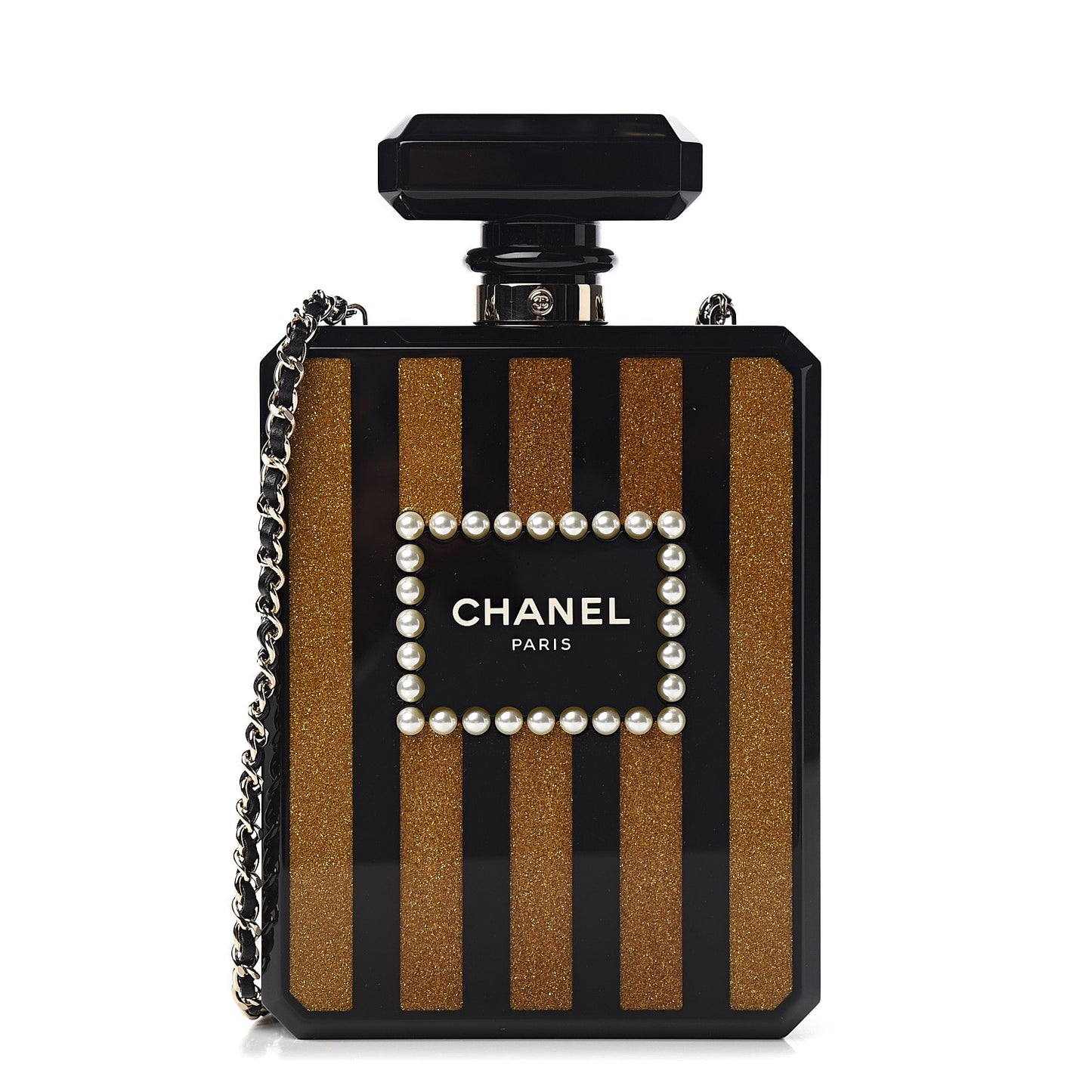 Plexiglass Perfume Bottle Clutch Black Gold